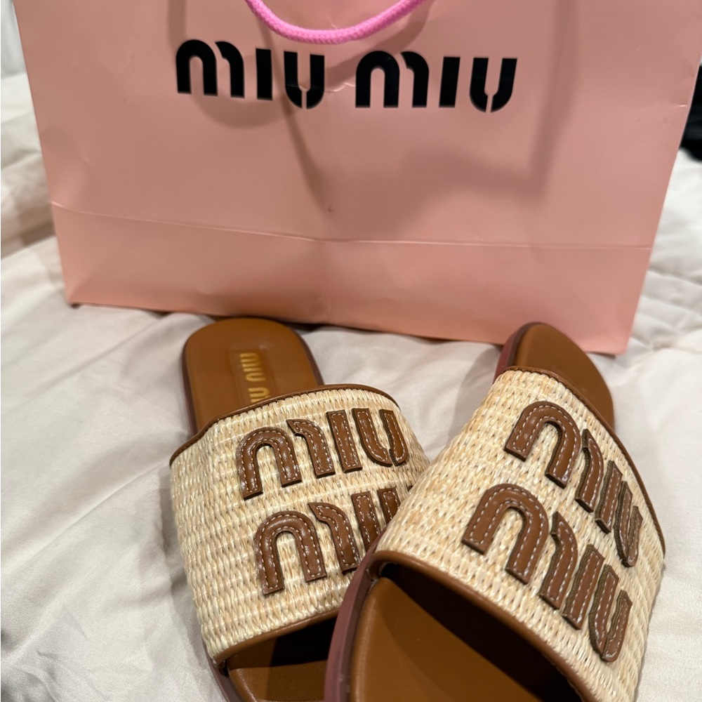 Miu Miu Tan and Brown Woven Slide Sandals